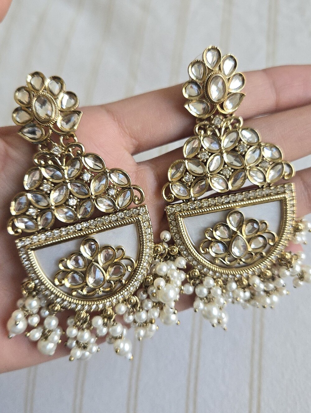 NEW Indian Gold Bollywood Style Jewelry Pearl Kundan Chandbali Earrings Set